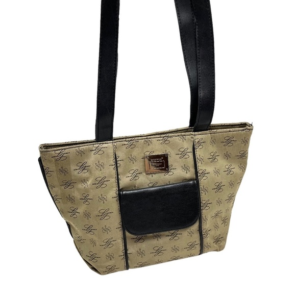 LONGABERGER Black Tan Double Handle Tote Shoulder Bag Genuine Leather Trim Purse - Picture 1 of 16